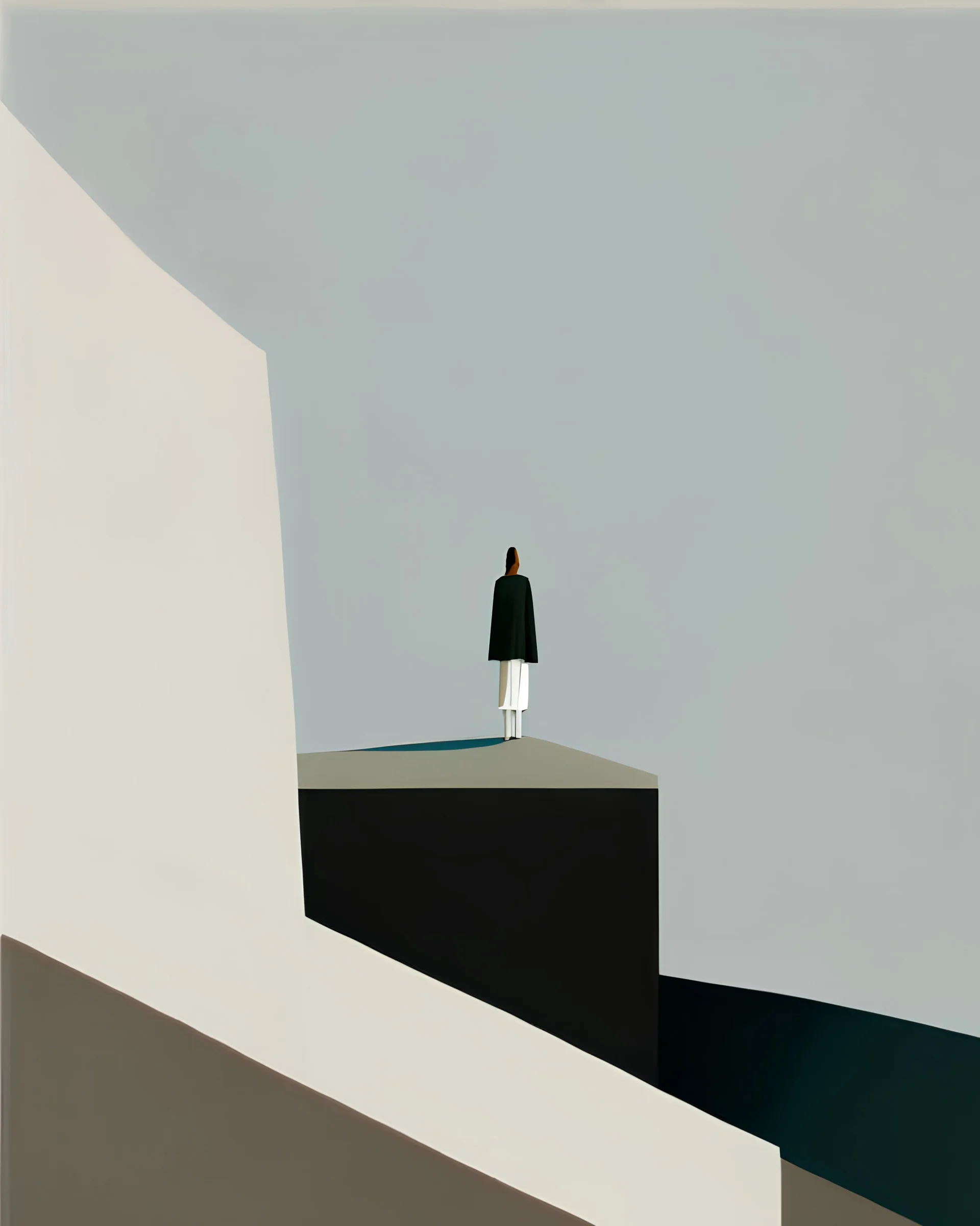 An enigmatic portrait of a figure standing at the edge of a cliff, overlooking a vast, unknown landscape, in the style of minimalism, simple shapes, limited color palette, and a focus on the subject's sense of wonder and curiosity, inspired by the works of Agnes Martin and Ellsworth Kelly, encouraging the viewer to contemplate the mysteries of the unknown.