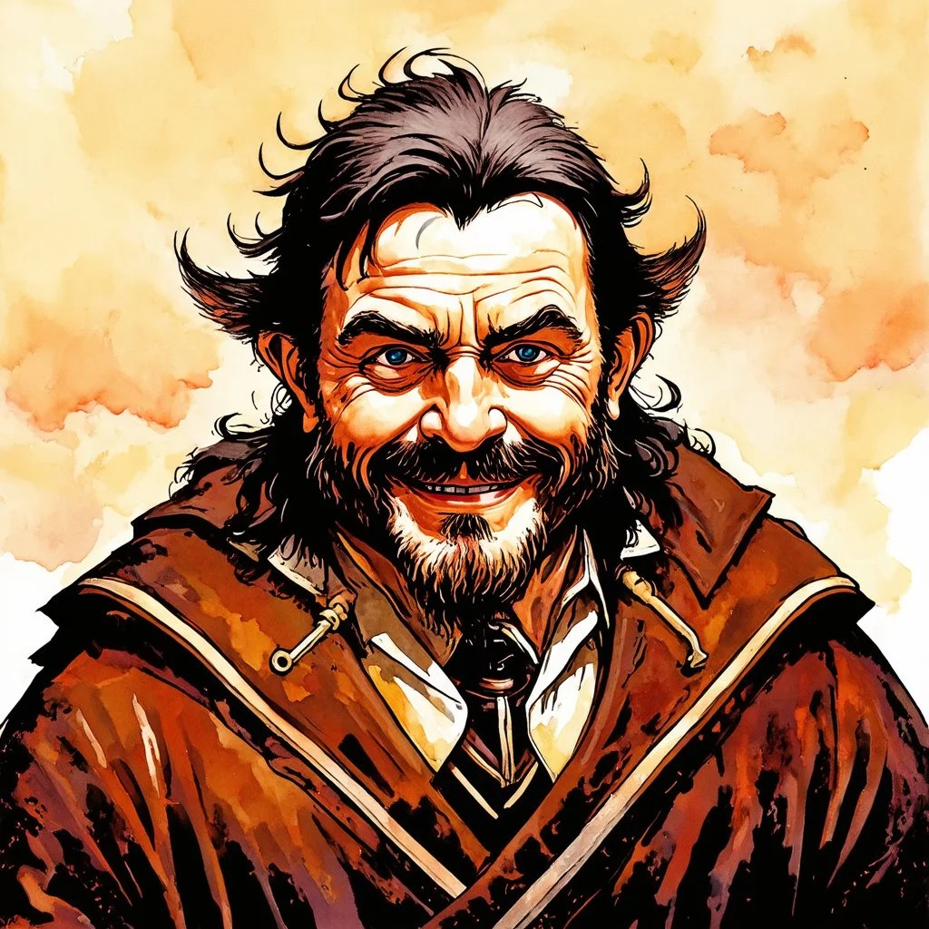 dnd, fantasy, watercolour, portrait, illustration, halfling, laborous, opportunistic, hearthy, sly, authoritative, smiling, wide face