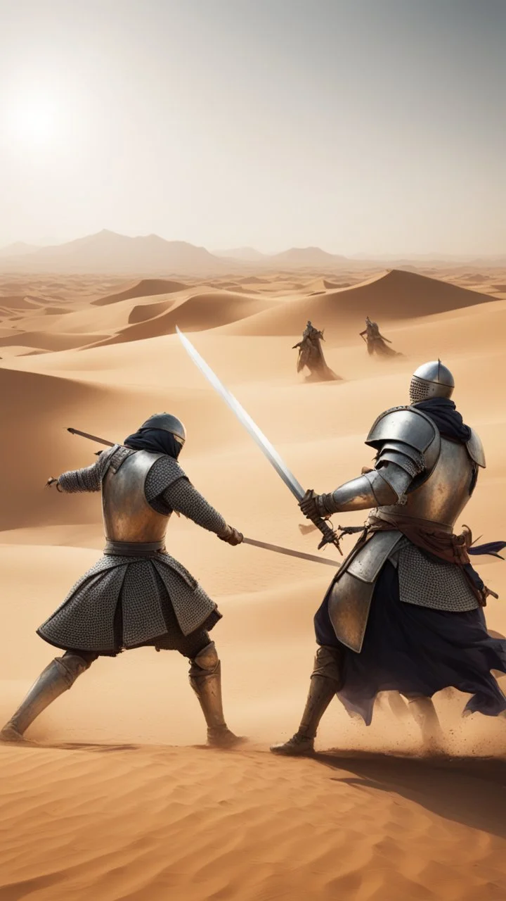 A picture of a Muslim knight killing another knight with a sword, in the desert, and behind them the knights are fighting