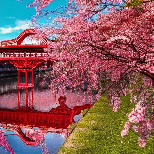 large glass globe filled with cherry blossoms and red bridge, beautiful, peaceful, gorgeous,, ornate, 8k, high-quality, fine-detail, intricate, digital art, brian froud, howard lyon, selina french, anna dittmann, annie stokes, Greg Rutowski