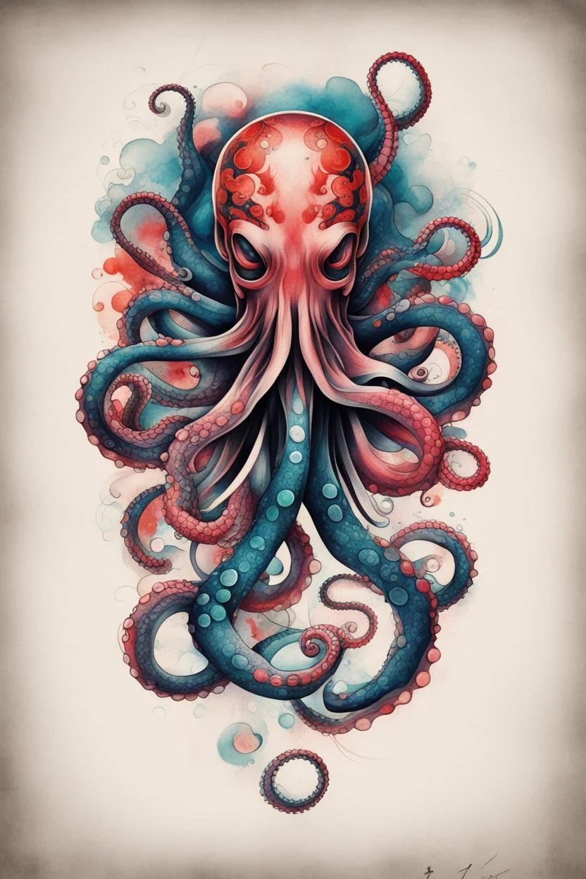 Create a captivating modern 2d colorfull ink tattoo design for print , prestigious (Japanese Octopus) using the elegant influences of japan art style, for print, dynamic elements from fashion and design, and bold Japanese contemporary art aesthetics, framing centered in the center, distanced from the edges of the paper perimeter, perfect anatomy, bauhaus, Divine Proportion,