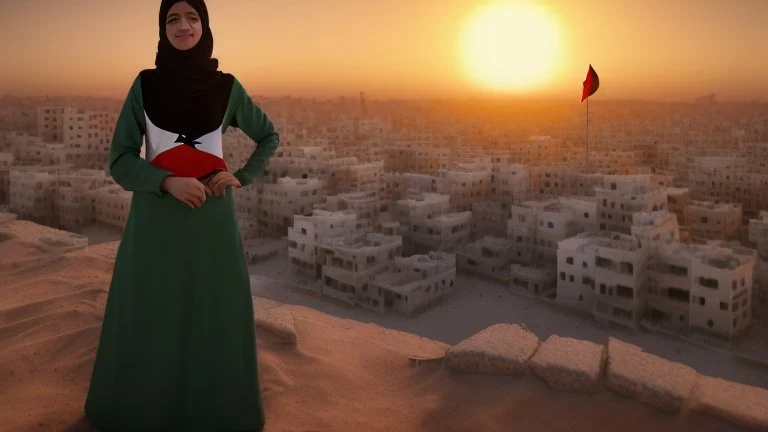 A Palestinian girls have wings wearing an palestinian dress in gaza during sunset in winter.