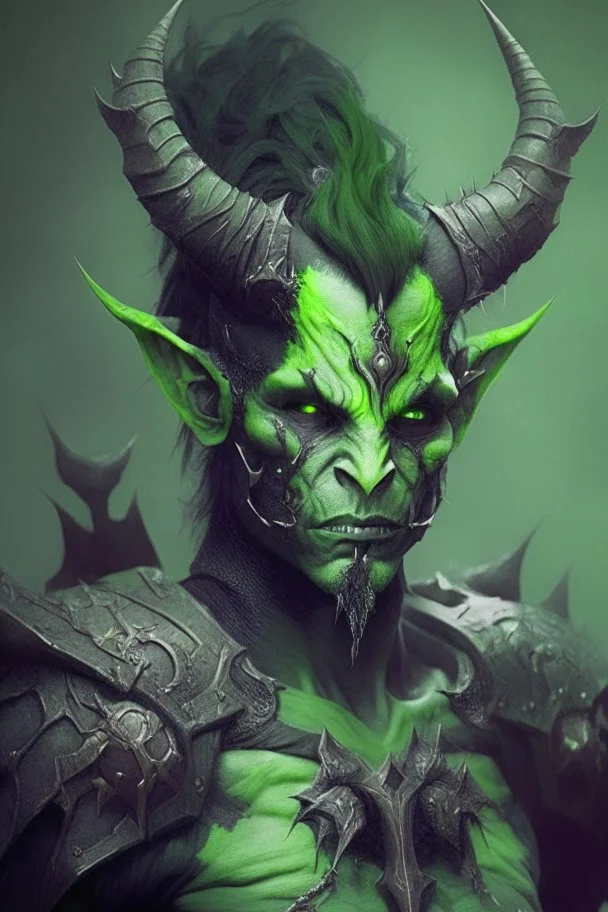 Demonio hombre de piel verde hermoso con cuernos pequeños y armadura negra y verde