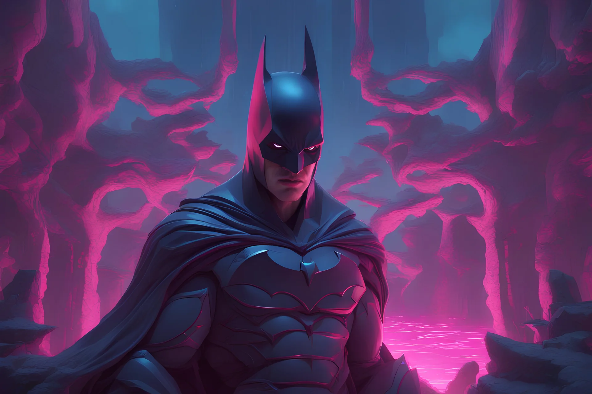 batman cover art, Fantasy concept art, 8k resolution, Intricate artwork by Tooth Wu, Wlop, and Beeple, Octane render, Greg Rutkowski's very coherent symmetrical artwork, Cinematic, fantasy, luminous 3d objects, alexandr averin, orient-inspired, dark pink and azure, cute cartoonish designs, mystic symbolism, Dark tone