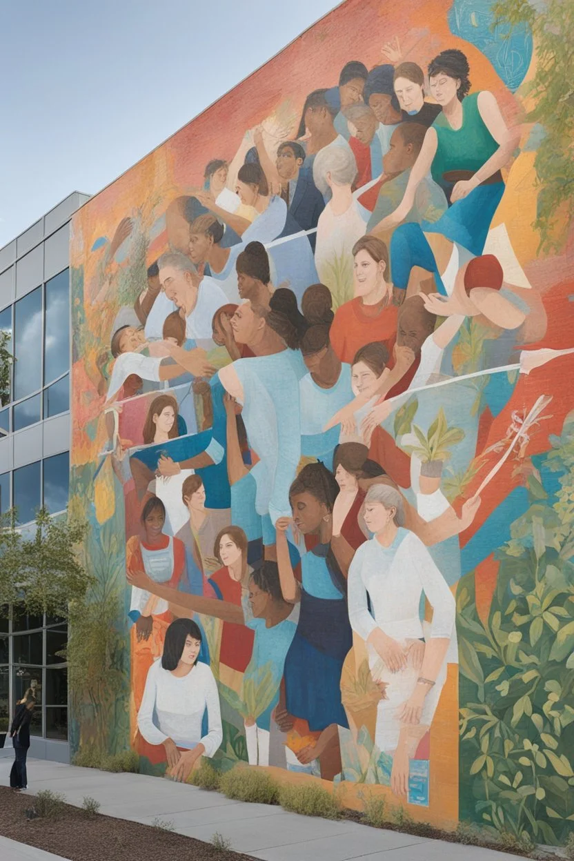 **Content Art:** A large-scale mural on a public building depicts a diverse group of people (including women and disabled individuals) working together to help each other in various scenarios. One person might be applying first aid, another calling for help, and others forming a circle of support. **Appearance:** The mural's style can be captivating and unique, using a blend of bold colors and symbolic imagery. Emphasize community and collective responsibility, promote a culture of respect and s