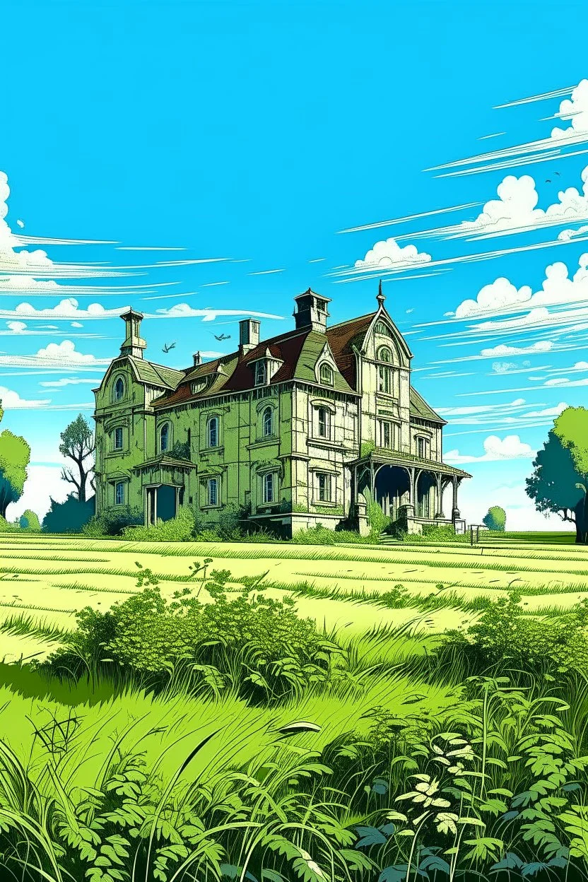 Disused, Victorian Manor House, Blue Sky, Over-Grown Fields, Vector Art