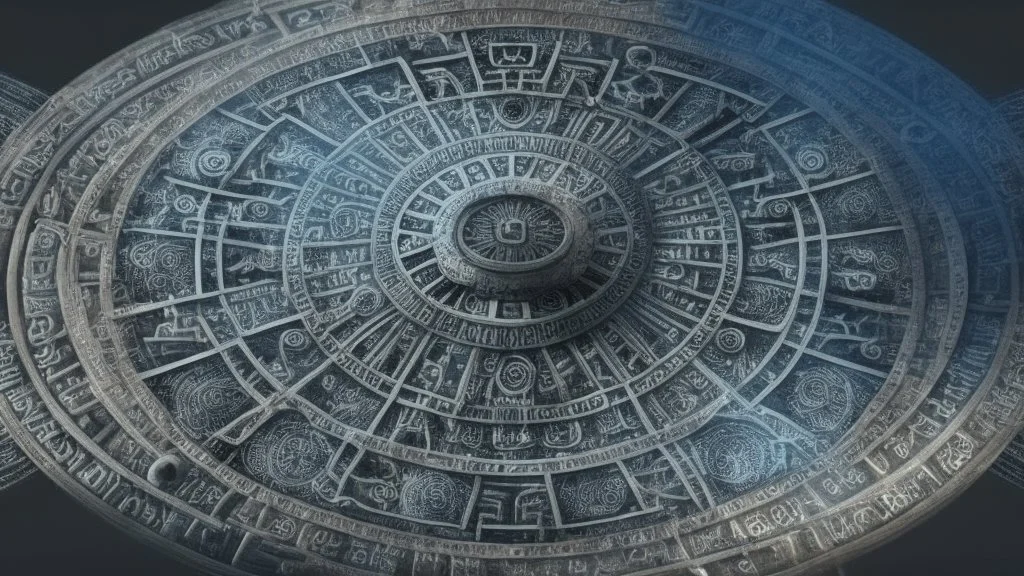 Ancient wheel of knowledge; hieroglyphics, symbolism, dystopian, elegant, fantastical, intricate, hyperdetailed, holographic, magnificent, meticulous, mysterious, ominous