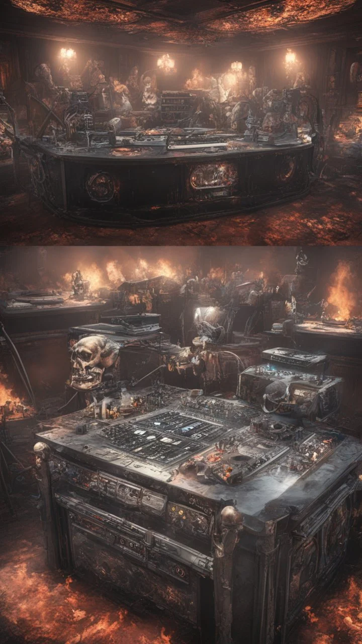 DJ of the damnded, insanely detailed DJ booth in hell, MID set, speakers and equipment made of bone, anatomically correct, add more skulls in th audience, photorealism, vray, 8k 3d https://stablecog.com/generate?o=a67b60e0-edd2-418d-9744-d1d585055d7f