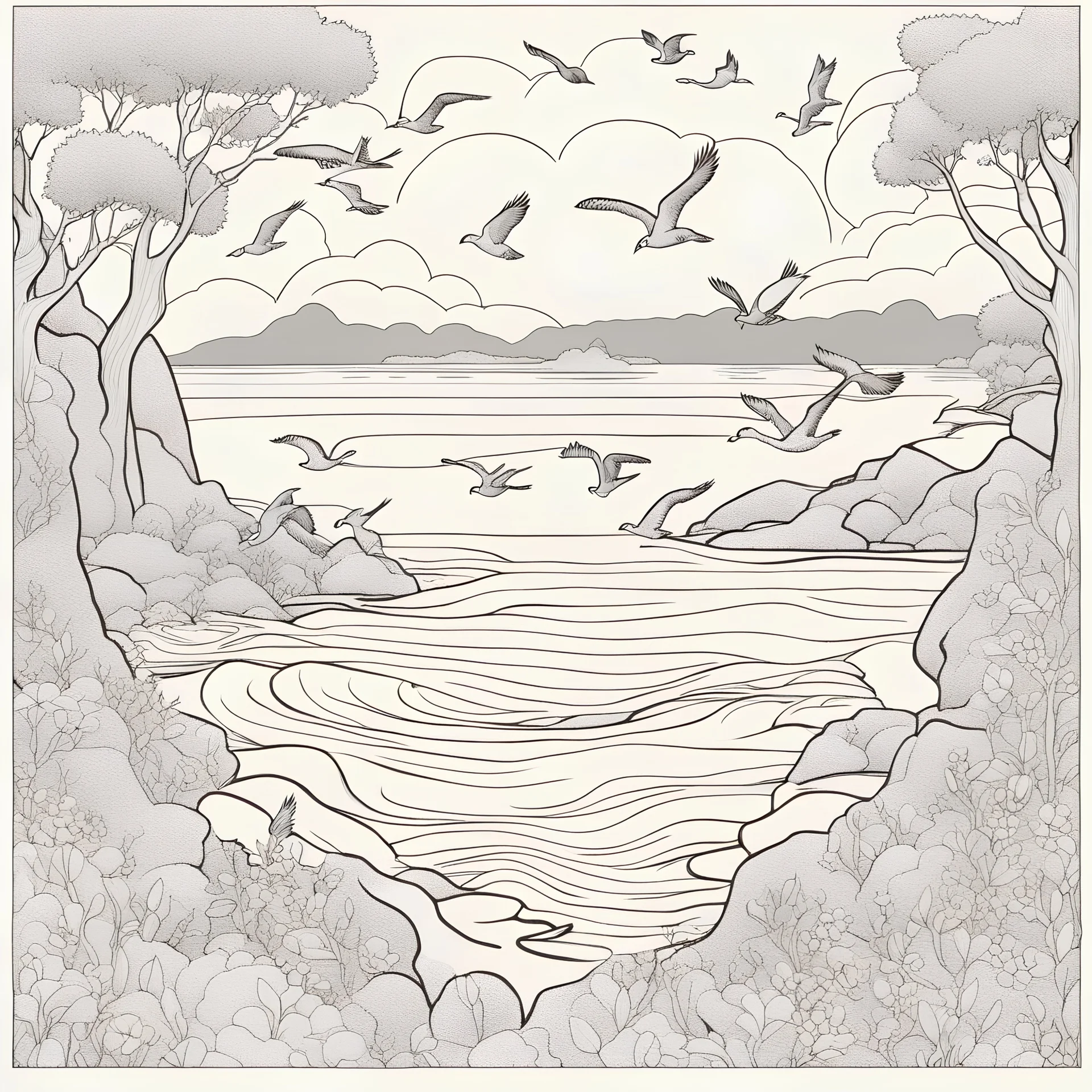 coloring page of A coastal inlet with seabirds soaring above the waves,stone,cute flowers,cute trees, much details, dark outlines,vector --ar 2:3