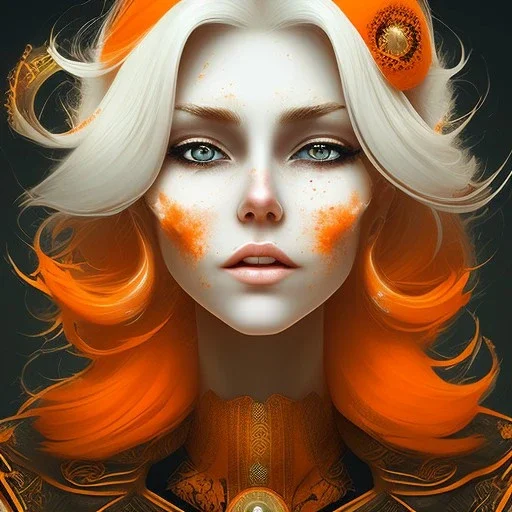 fantasy setting, woman, orange and white hair, wavy hair, freckles, ranger, more orange hair, more white hair,