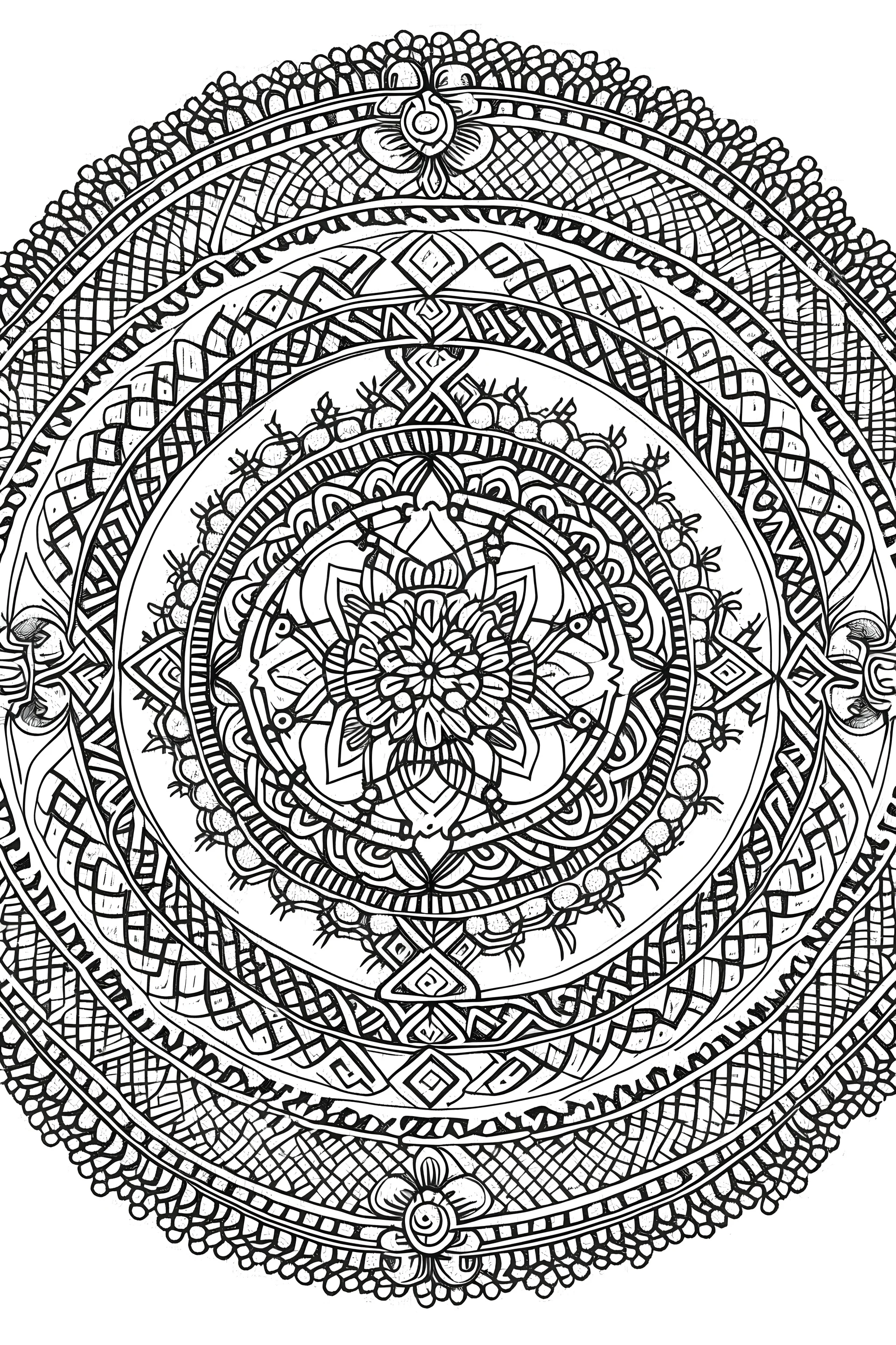 Draw a page with folk traditional patterns from Ireland in fine work black in on white background