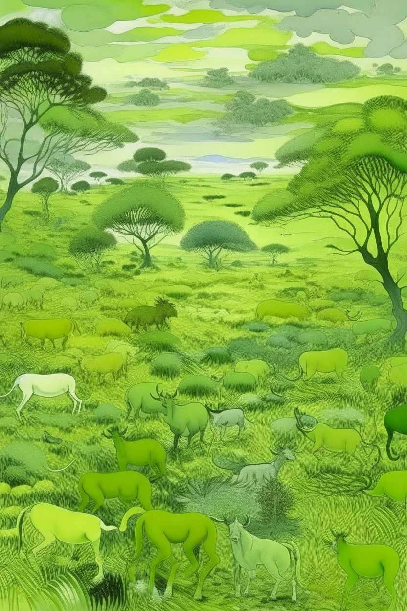 A light green savanna filled with animals painted by Claude Monet