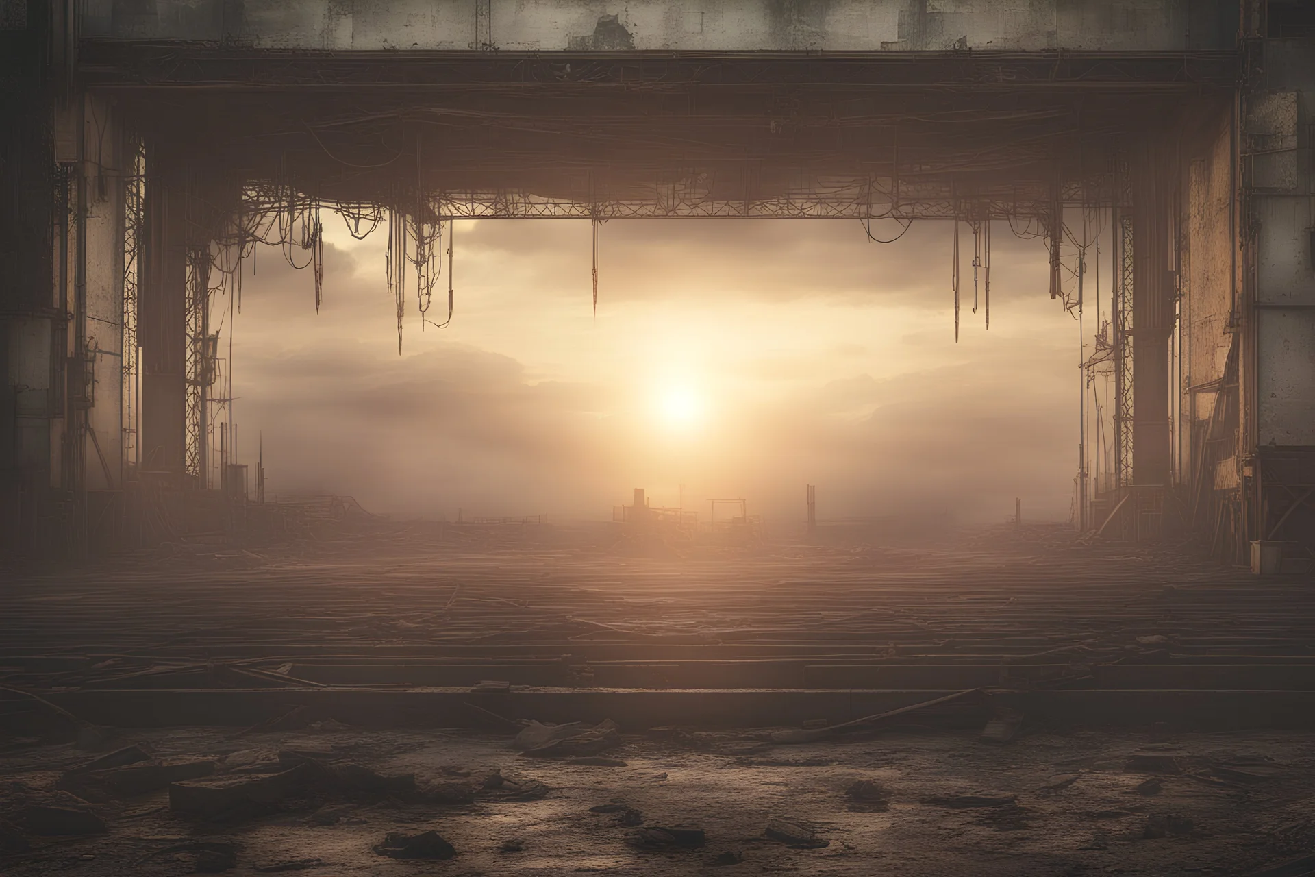 Stage with side view, post-apocalyptic sunrise atmosphere