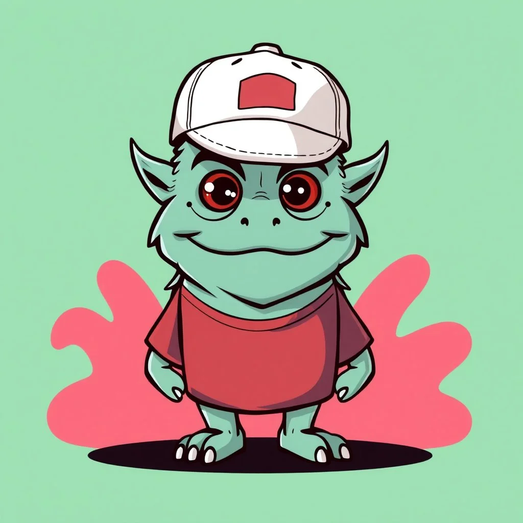 cartoon monster wearing a ballcap and T-shirt on solid color background