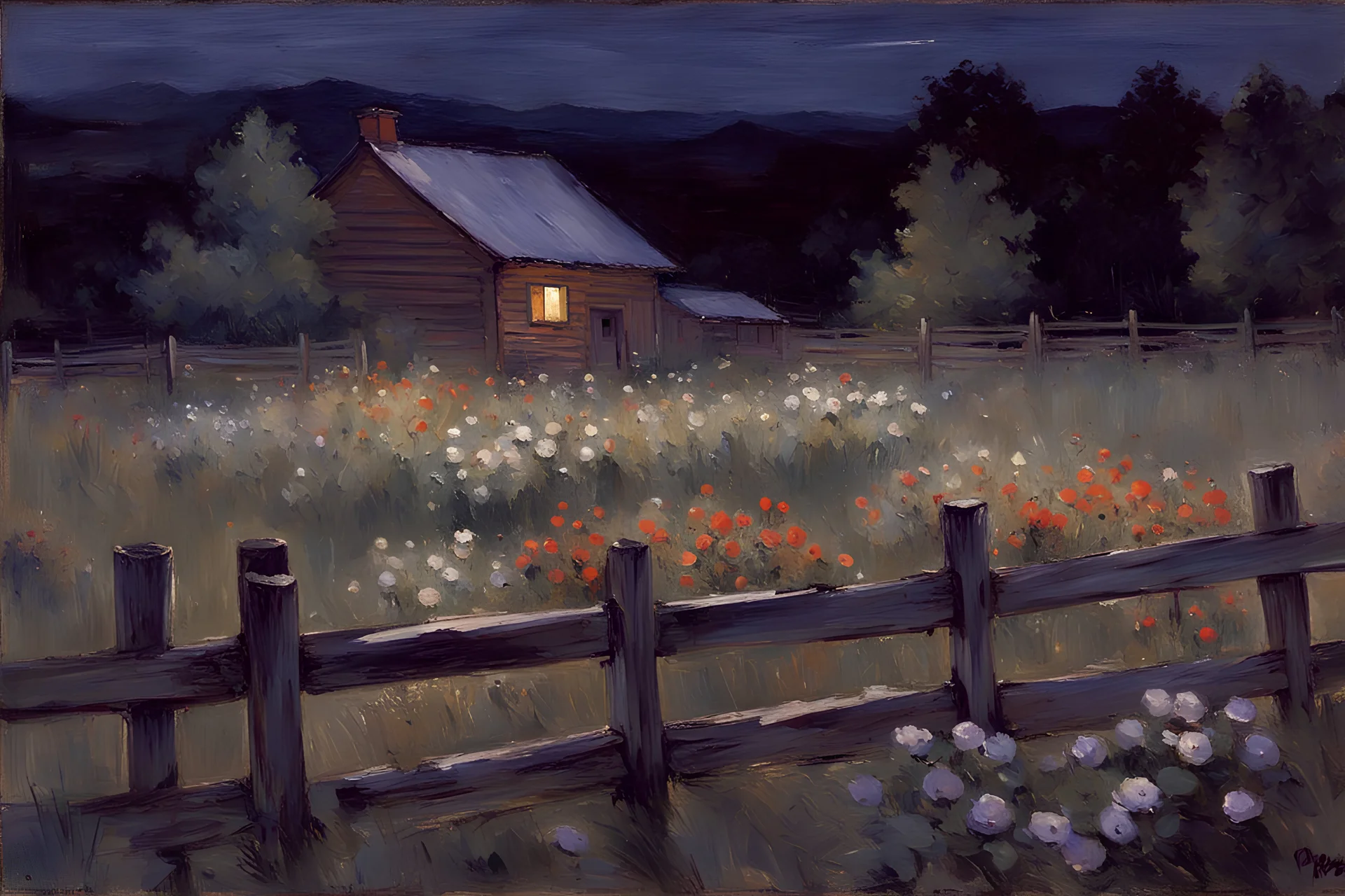 Night, flowers, garden, fence, distant cabin, theodore robinson impressionism painting