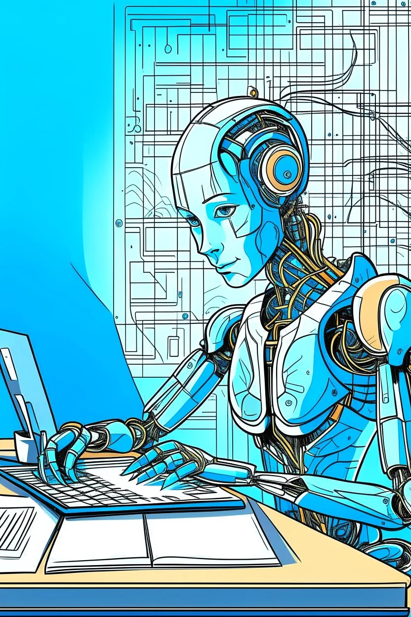 generate a front cover representation of Ai attractive female humanoid bot writing a book at a desk in a comic book style