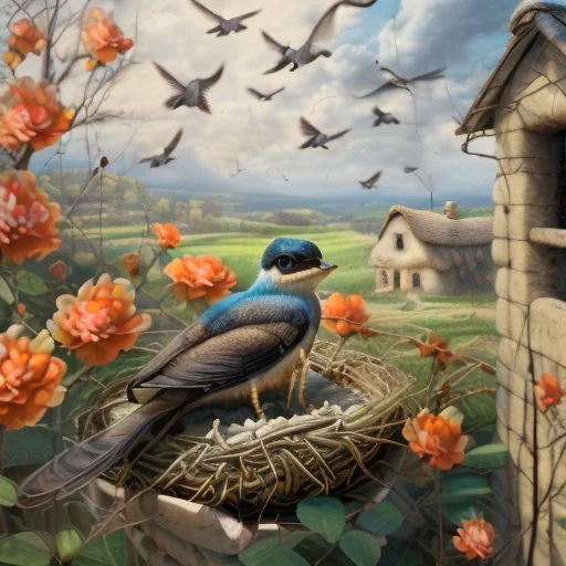 captivating cinematic painting masterfully blending traditional illustration, 3D rendering, and wildlife photography, depicts a picturesque old stone farmhouse with a thatched roof. The harmonious blend of artistic styles creates an atmosphere of serene tranquility, warmth, nostalgia, and timeless beauty. In the cozy home on the roof, three adorable baby swallows rest in their nest, watched over by a swift adult swallow soaring around them. Vibrant hollyhocks cascade along the walls, and hay in