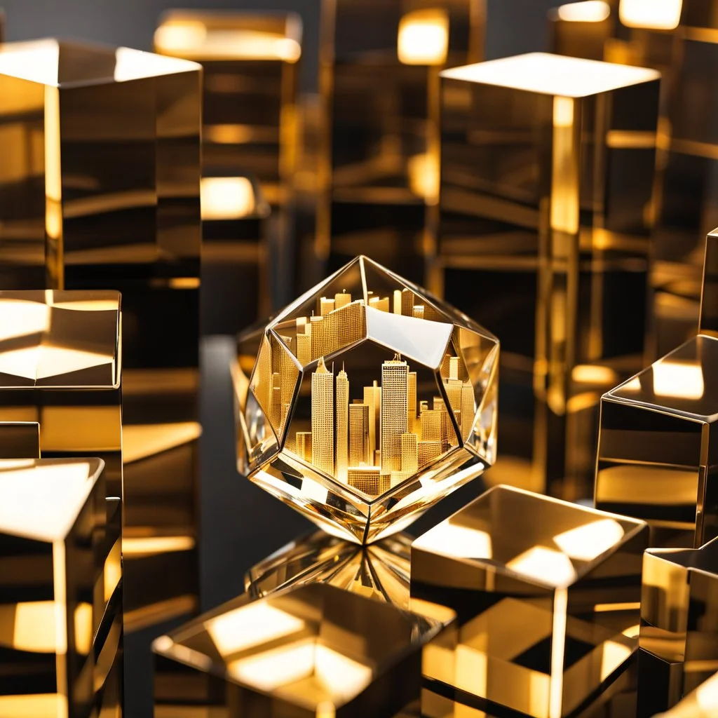 crystal Dodecahedron with golden sphers inside, which reflects the modern city environment in modern city escape , transforms into array of crystal cubes.