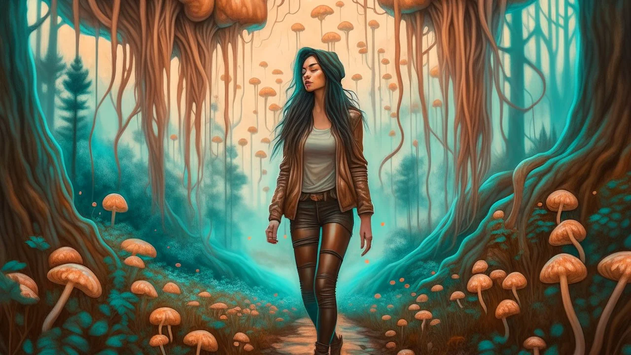 woman with black hair in a ponytail, in light brown leather trousers and jacket, walking through a forest of floating alien mushrooms with jellyfish tentacles, rampant foliage, and vines, next to a lake, photorealistic, Deep Colour, Intricate Detail