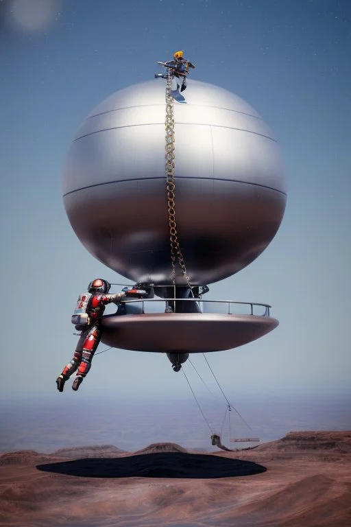 close side view of An astronaut sitting on a large steel ball.floating in the air, wide legs, holding on to the chain