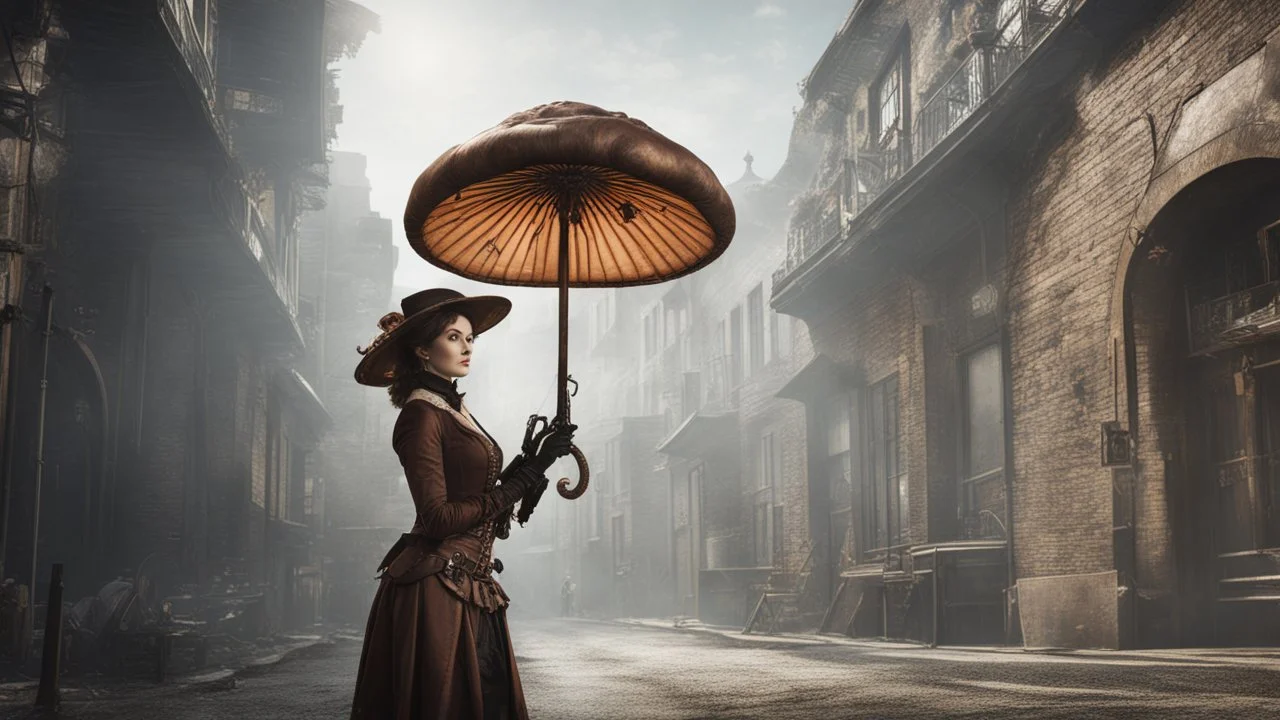 woman standing in a street with a parasol shaped like a mushroom with tentacles, in a steampunk setting