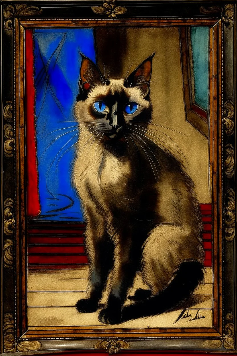 Portrait of a standing up Siamese cat by Louis wain