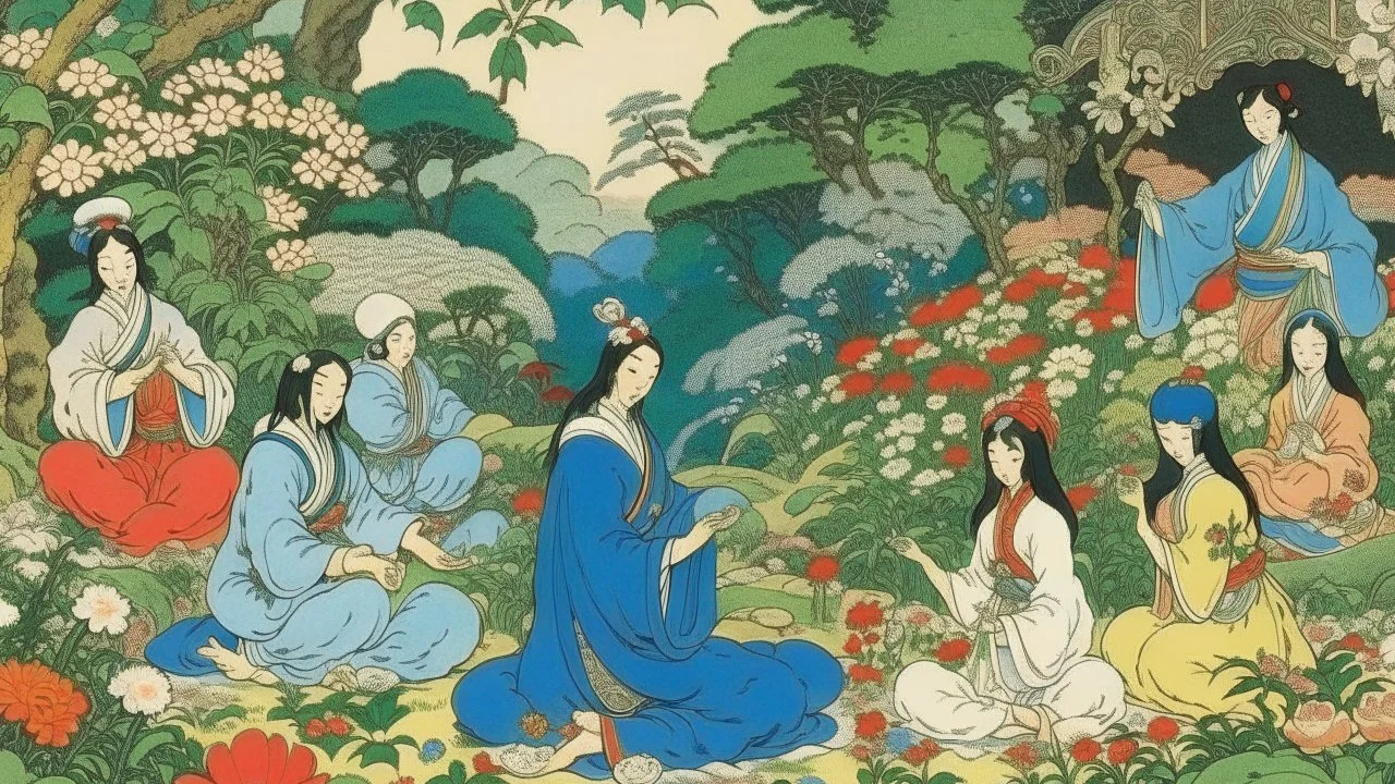 An illustration by Kuniyoshi and Manet of of individuals practicing yoga surrounded by blooming flowers and lush vegetation.