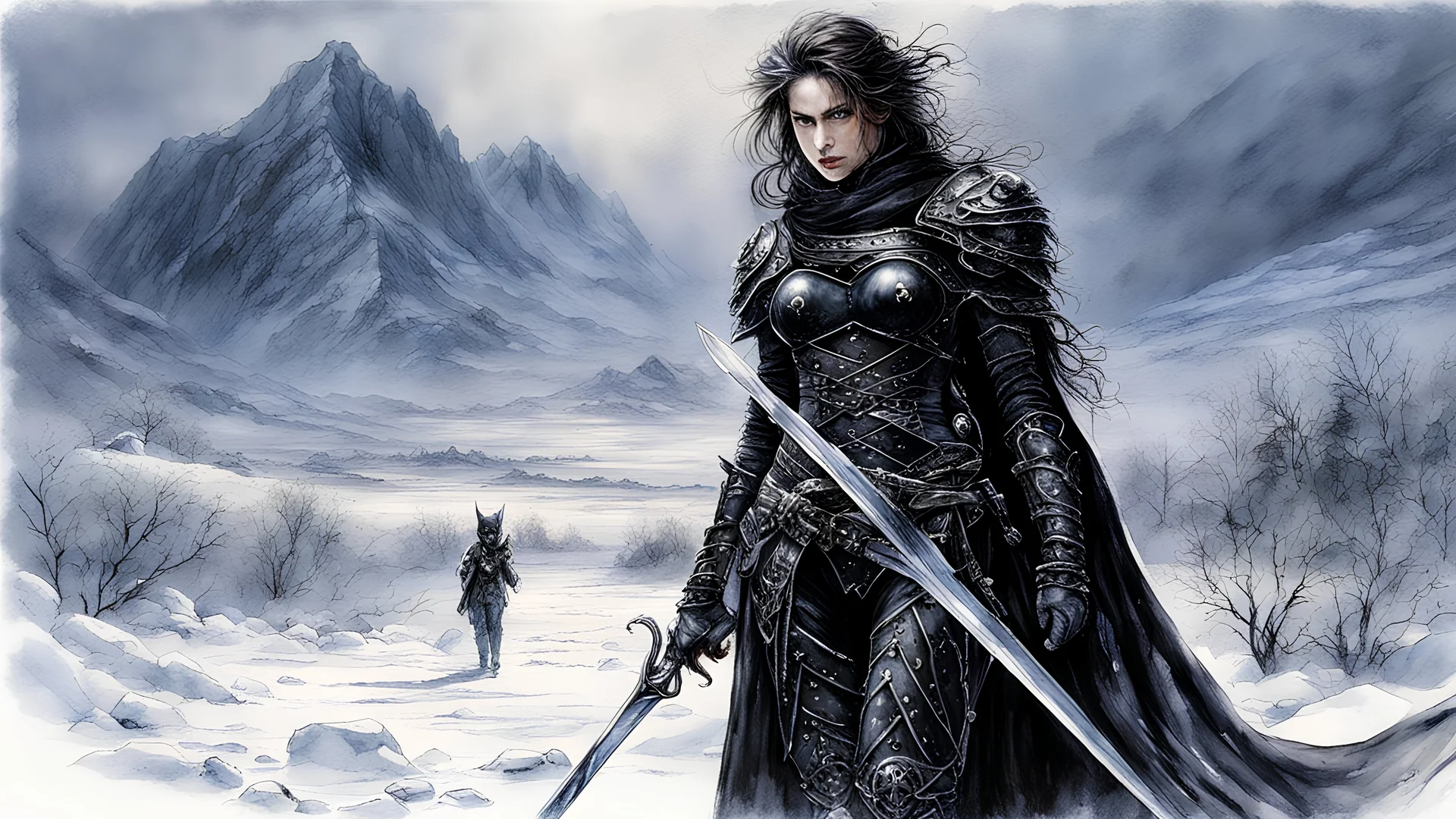 Hyper-photorealistic watercolor art style by Luis Royo , a warrior woman in black armor on the background of a cold snow-covered country, ice and crystal, frost and snow, hyperdetailed face, full body diagonal shot, encounters male bandits in dark fantasy countryside setting, absence of mysterious elements, dramatic lighting, ultrafine detail, octane rendering., darkness world