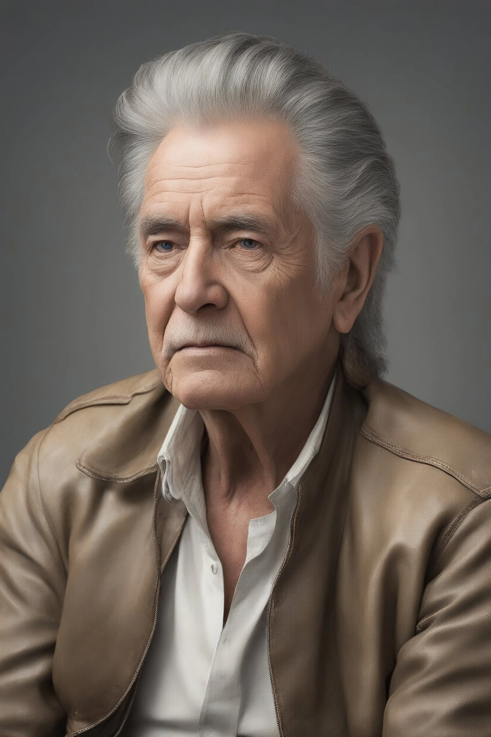 Full Color image, 8k, Ultra-HD, hyper realistic, Photorealistic, focused, fine detail, professional photo, beautiful -- head to shoulder pose, 80-year-old Harold Kendall sitting facing almost forward, long, wirey, messy, spikey, gray hair, mustache, medium build, Resembles Elvis Presley, tan leather jacket with wide collar, light blue button up shirt, Blue Jeans,