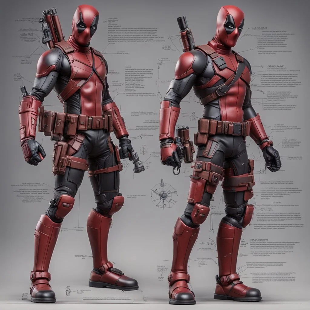 Plastic action figure of Deadpool technical schematic, pivot joint, rotational arrows, "how it works" engineering schemata,