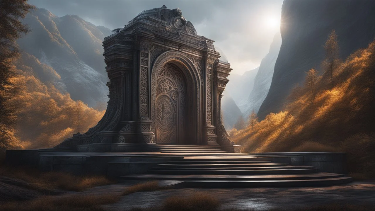 an ancient magical portal leading to another world. mountains. h. r. giger. cinematic lighting, hyper realisme, Hyperrealistic, splash art, concept art, mid shot, intricately detailed, color depth, dramatic, 2/3 face angle, side light, colorful background