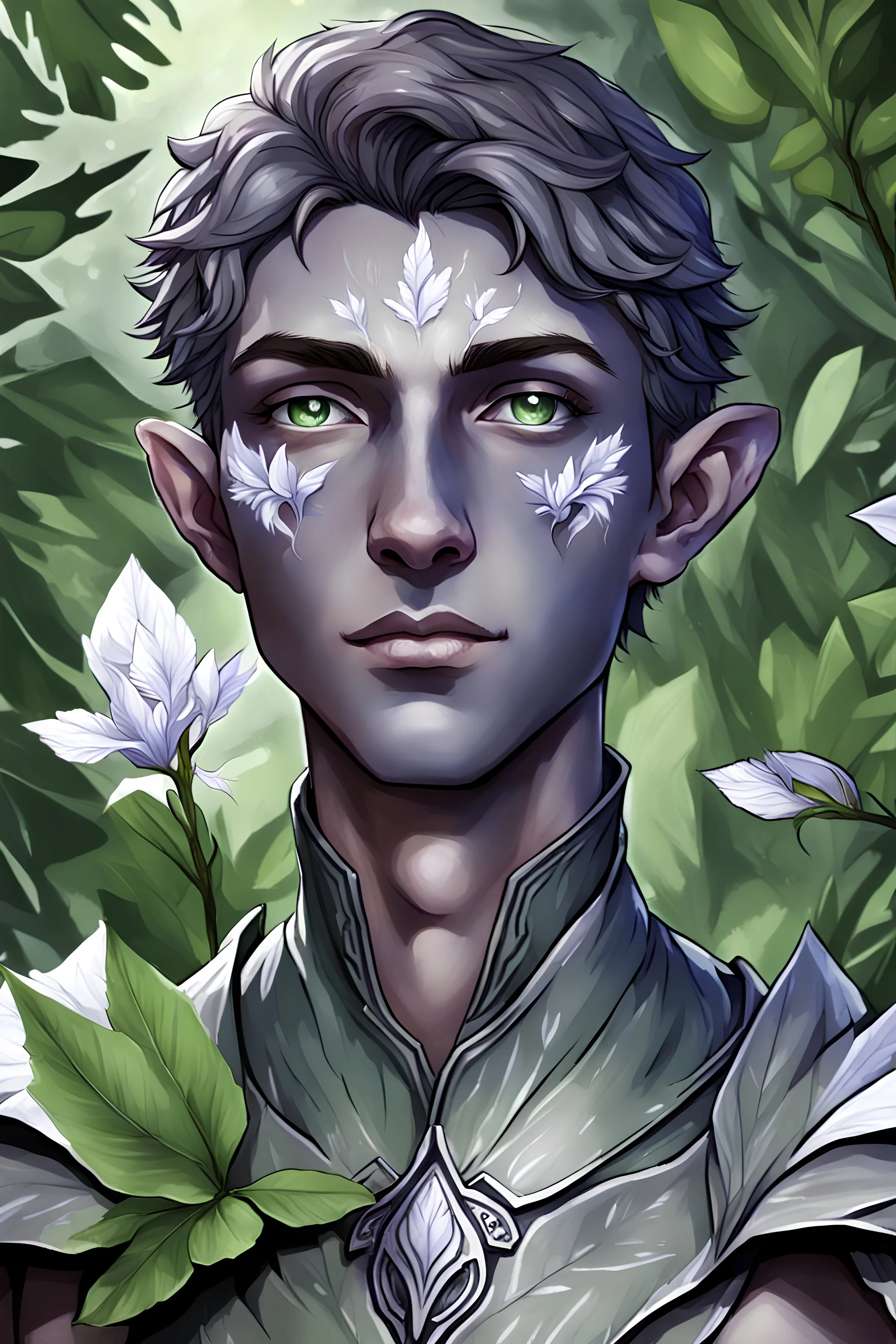 male, teen, dnd changeling, grey skin, white iris, nature, leaves, realistic