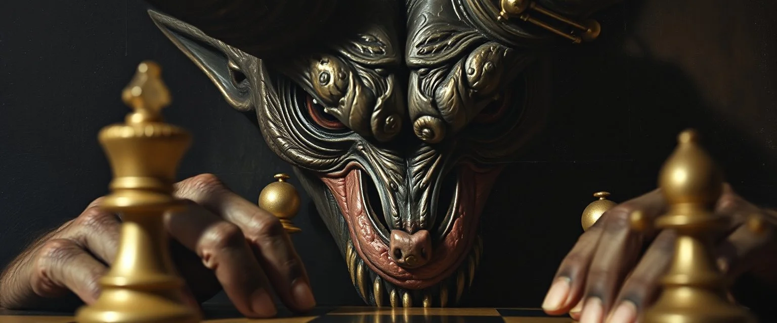 pin hole cam, master oil painting by Rembrandt, realistic rendering one eyed media chess demon a sense of depth, pitch black eyes