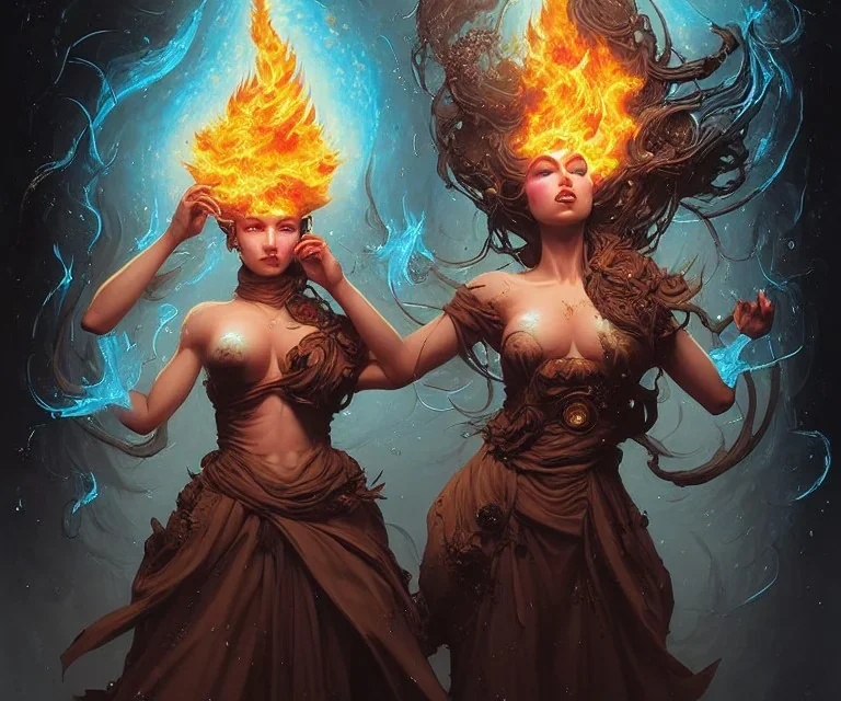 Four doll divine representing each one the four elements: Fire: Earth: Air: Water. Mark Brooks and Dan Mumford, comic book art, perfect, smooth elemental galactic space core. Detailed photograph, WLOP, Unreal Engine 5 volumetric lighting Insanely intricate face hair lashes hyper detailed painting by Ismail Inceoglu Huang Guangjian and Dan Witz Central fantasy art album cover art resolution HD