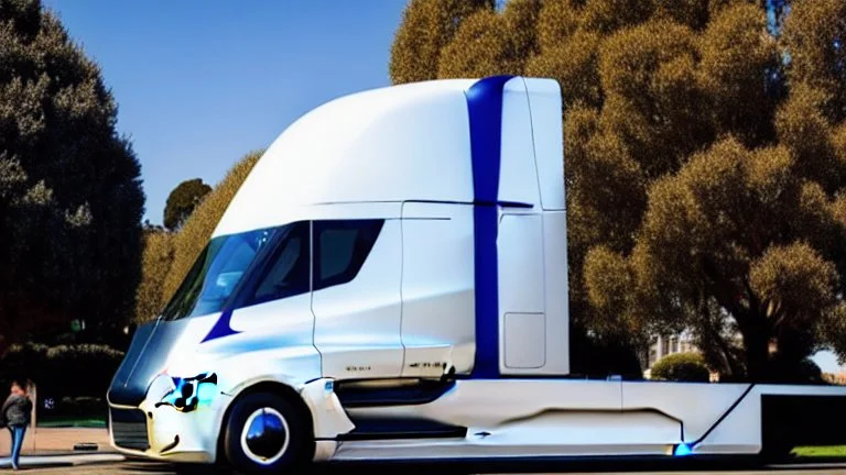 A Tesla semi-truck is parked, in the 'Golden Gate Park', in San Francisco. CINEMATIC. WIDE ANGLE LENS. PHOTO REAL.