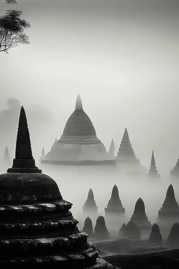 View borobudur in foggy morning bw photo from puthuk setumby