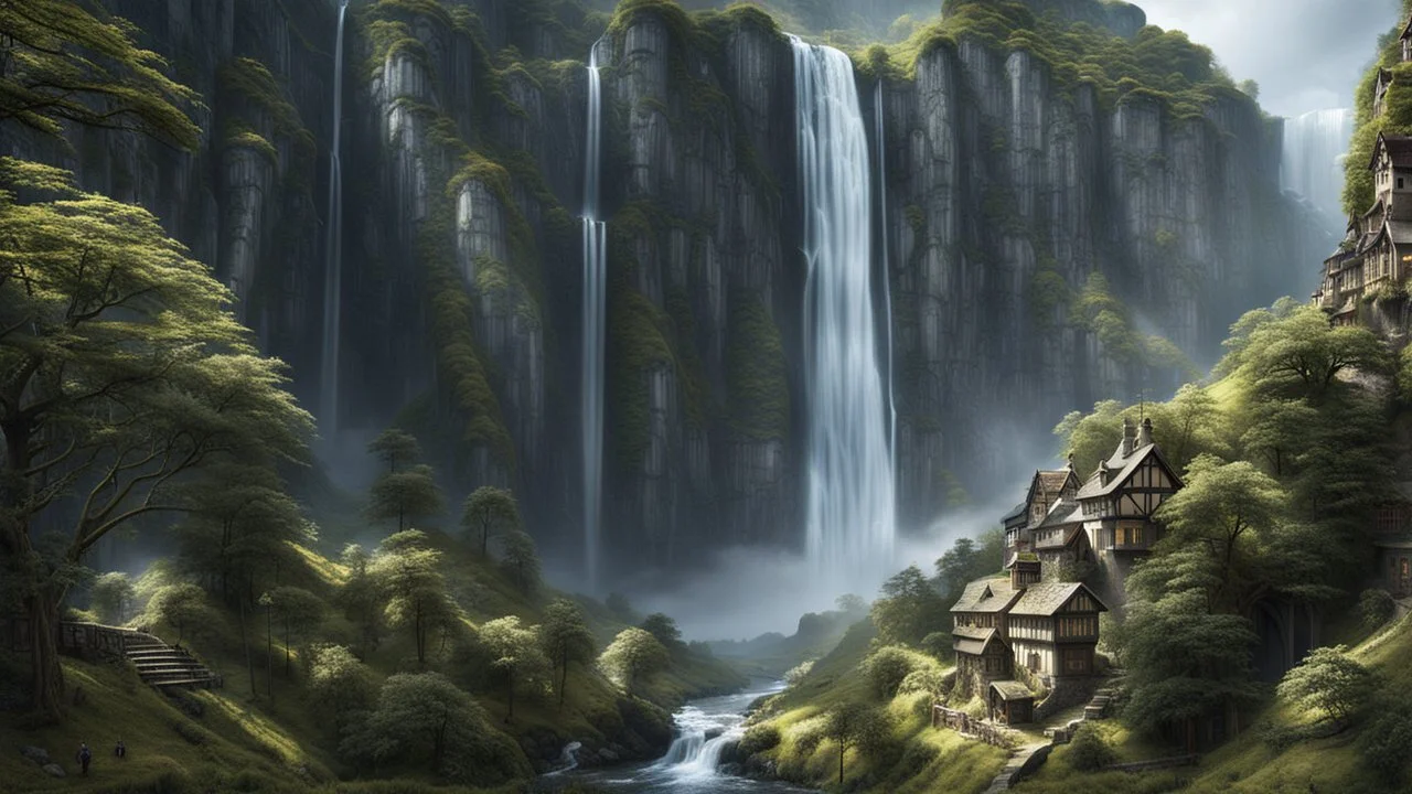 a medieval danish city at the foot of a waterfall at the end of a steep, narrow, 3.000 foot tall ravine. a masterpiece, fantasy concept art, dynamic lighting, hyperdetailed, intricately detailed, deep color, Unreal Engine, volumetric lighting, Epic cinematic brilliant stunning intricate meticulously detailed dramatic atmospheric maximalist digital matte painting