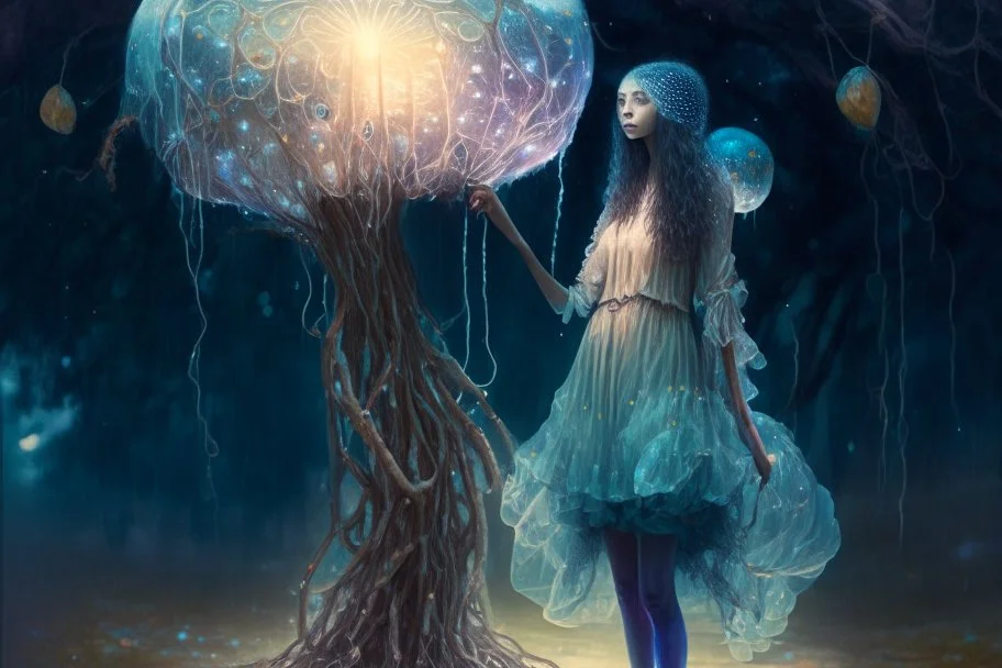 Full Body Shot Of A Young, Slim Woman Covered In rags, standing under a tree, holding an umbrella made from a jellyfish, a glowing ball in her hand, photorealistic, Detailed Matte Painting, Deep Colour, Fantastical, Intricate Detail,