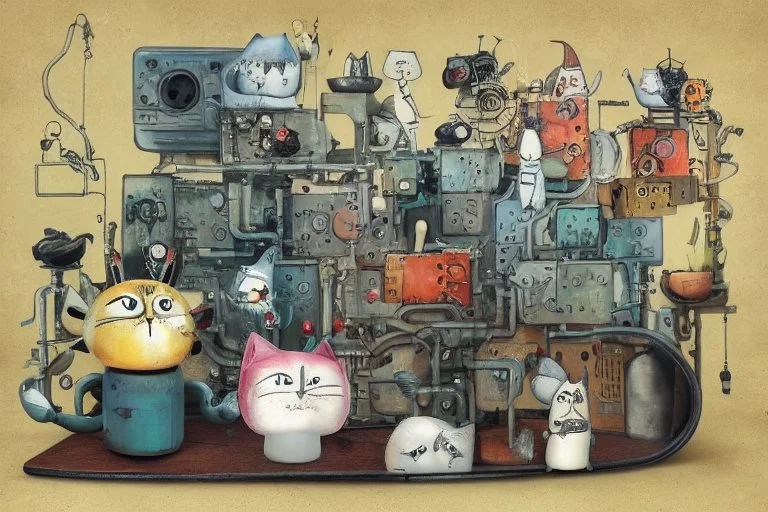 Happy cats sitting on a table :: industrial robotic cats, characters from machinarium pictoplasma, assemblage of naive art and les automatistes, by Alexander Jansson and Leo Lionni, a storybook illustration of a surrealist cat sculptures, cgsociety and behance contest winner