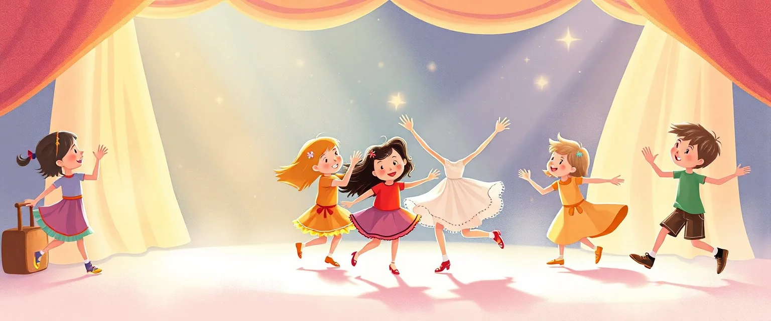 illustration of children playing and dancing. fantastic lighting, children's book proportions, on a light background