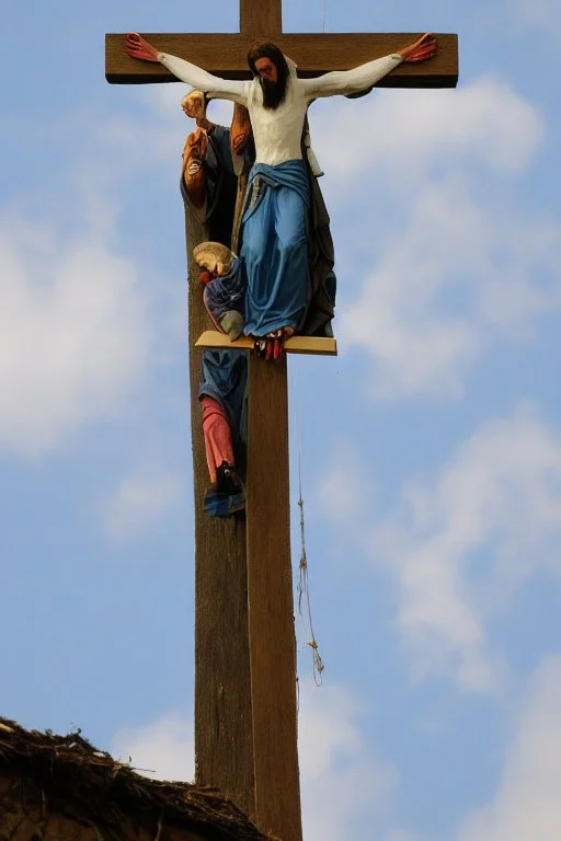 on top of the crucified Jesus is a huge stork's nest with storks