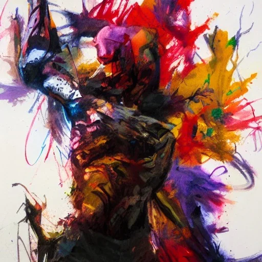 Fullbody portrait of an abstract angelic demon looking at a mirror, colorful charcoal painting, by yoji shinkawa on lsd, erratic brush strokes, sense of dread and death and blood, greg rutkowski, rough