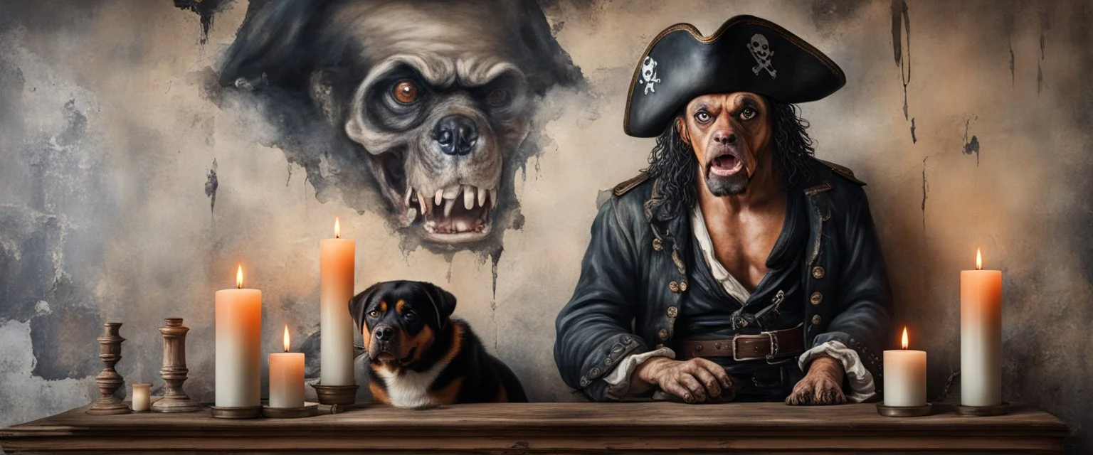 Hyper Realistic haunted & vintage view of a painting of an angry pirate with his Rottweiler on a peeling paint wall with candles on wall