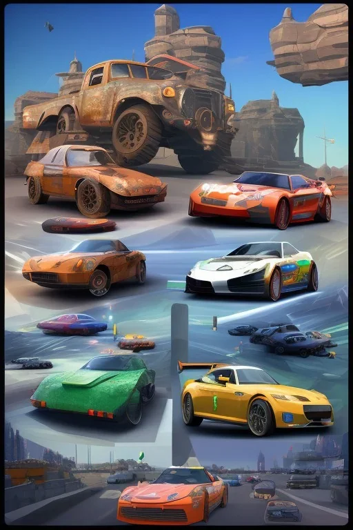 low poly game for PC with cars, unique look, front, top, side and perspective view