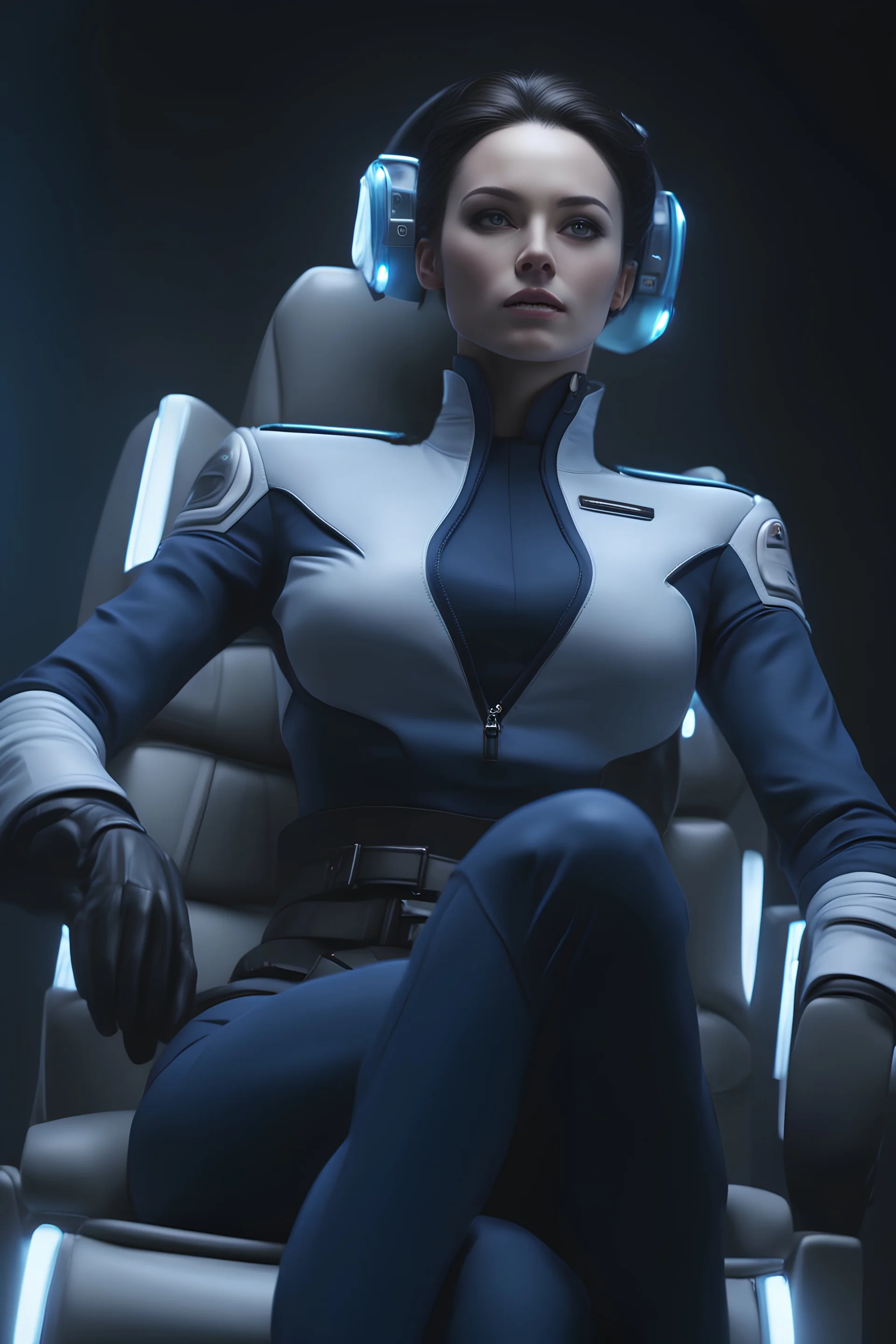 pale beautiful female, dark bun hair, wearing high tech blue navy officer outfit, sitting on high tech scifi chair, photorealistic, bokeh, on a spaceship, both arm resting on the chair