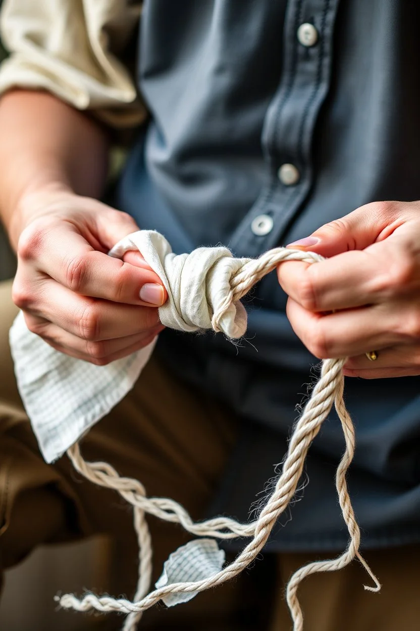 Close-up of Peter unraveling his mother’s napkins to create a long, delicate rope, hands working patiently, symbol of hope and ingenuity.