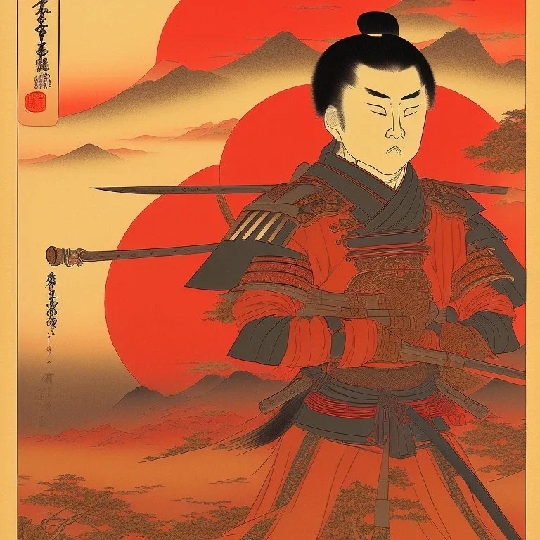 human Samurai Japanese Ukiyo-e, red sun in the background, walking in the mountains