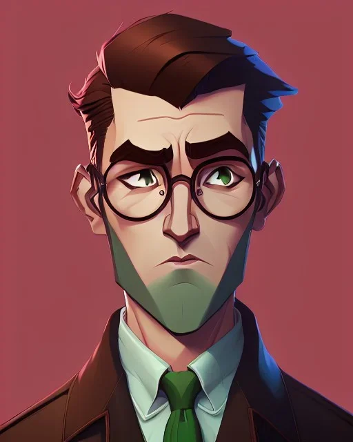 Fit man in round glasses, wavy hair, stubble,no beard, slim, tie, monotone, green eyes, comic book style, two tone colours, detailed, ink, realistic, handsome, square jaw, big brows, no jacket, bird on the shoulder, spotlight