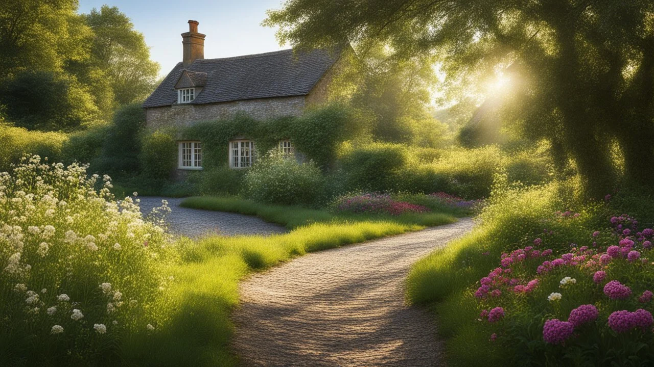 Beautiful realistic rural landscape, warm sunshine, lush plant growth, flowers, brook, peaceful, delightful, idyllic, cottage, award-winning photograph, detail, beautiful composition, attractive colour, chiaroscuro, rule of thirds