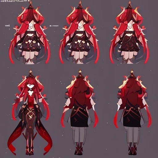 Clear focus,High resolution, Black long hair, Red eyes, Red horns, Wearing a Genshin Impact inspired outfit with black and red as the main color,Outfit includes a short skirt, Looking away from the viewer, Full body, Concept art